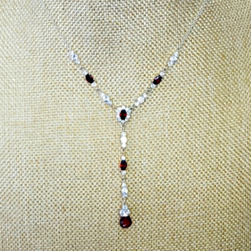 925 Silver Cubic Zirconia & Almandine Garnet Formal Necklace
